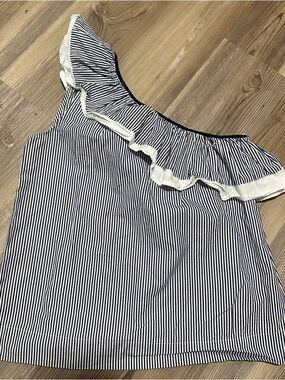 J. Crew Navy and White Striped One-Shoulder Top